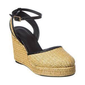 Castañer Cass Raffia & Leather Wedge Sandal, Brown